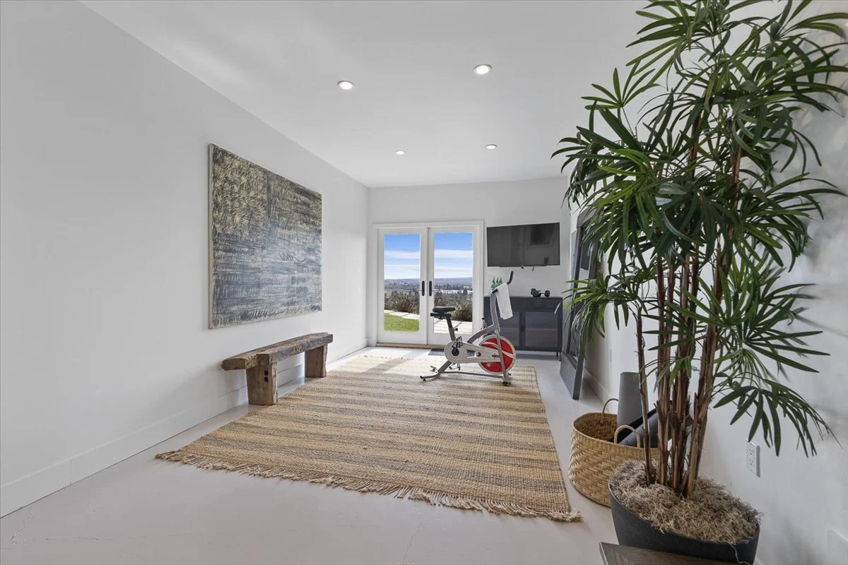 A bright, minimalist home gym with a large potted plant, a wooden bench, a striped rug, a stationary exercise bike, a wall-mounted TV, and glass doors with a view of a backyard and sky.