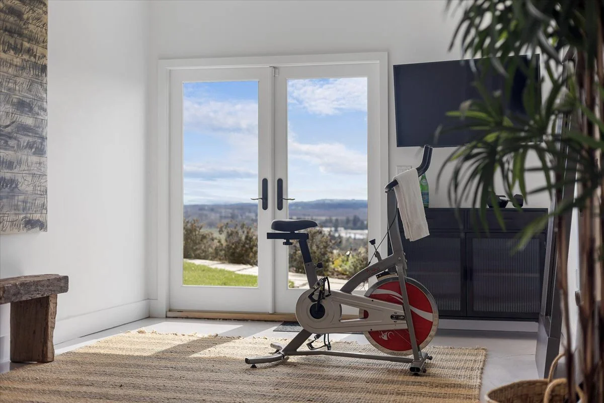 Indoor room with a stationary exercise bike facing glass doors leading to a view of the outdoors with trees, a grassy area, and a cloudy sky.