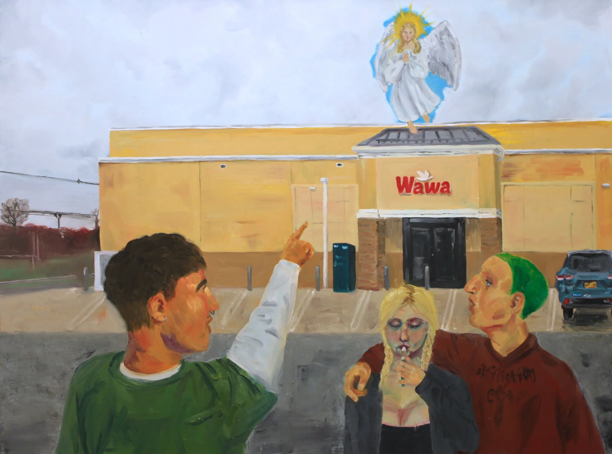 A person in a green shirt points to an angel above a Wawa store in a painting. Two others, one vaping, look up. The scene conveys wonder and surprise.