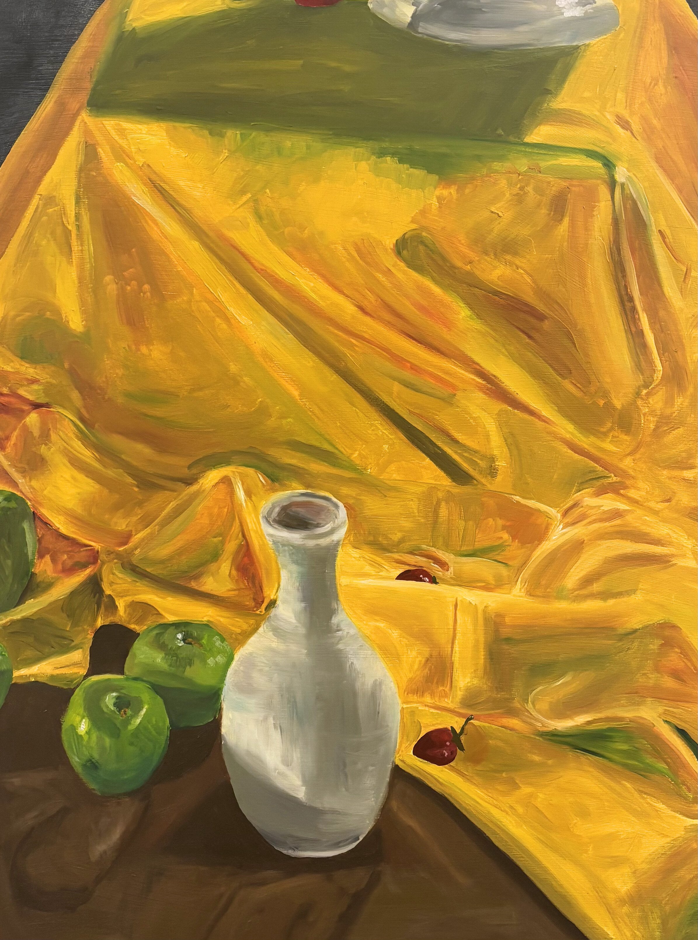 A still life painting with a white vase, three green apples, and red cherries on a table, draped with vibrant yellow cloth, creating a warm, lively ambiance.
