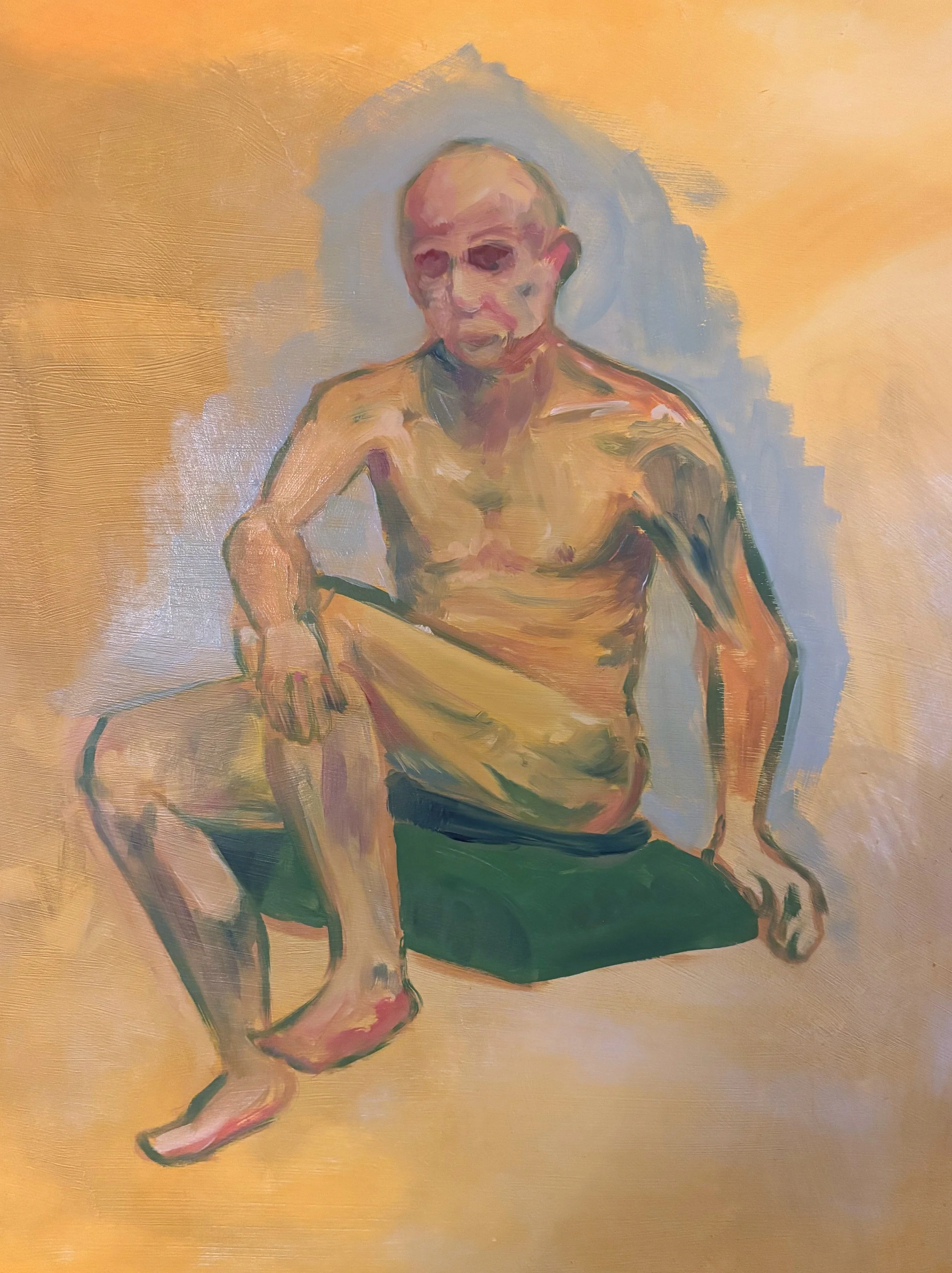 A contemplative, impressionistic painting of a seated nude man on a dark cushion against a warm, yellow background, conveying thoughtfulness.