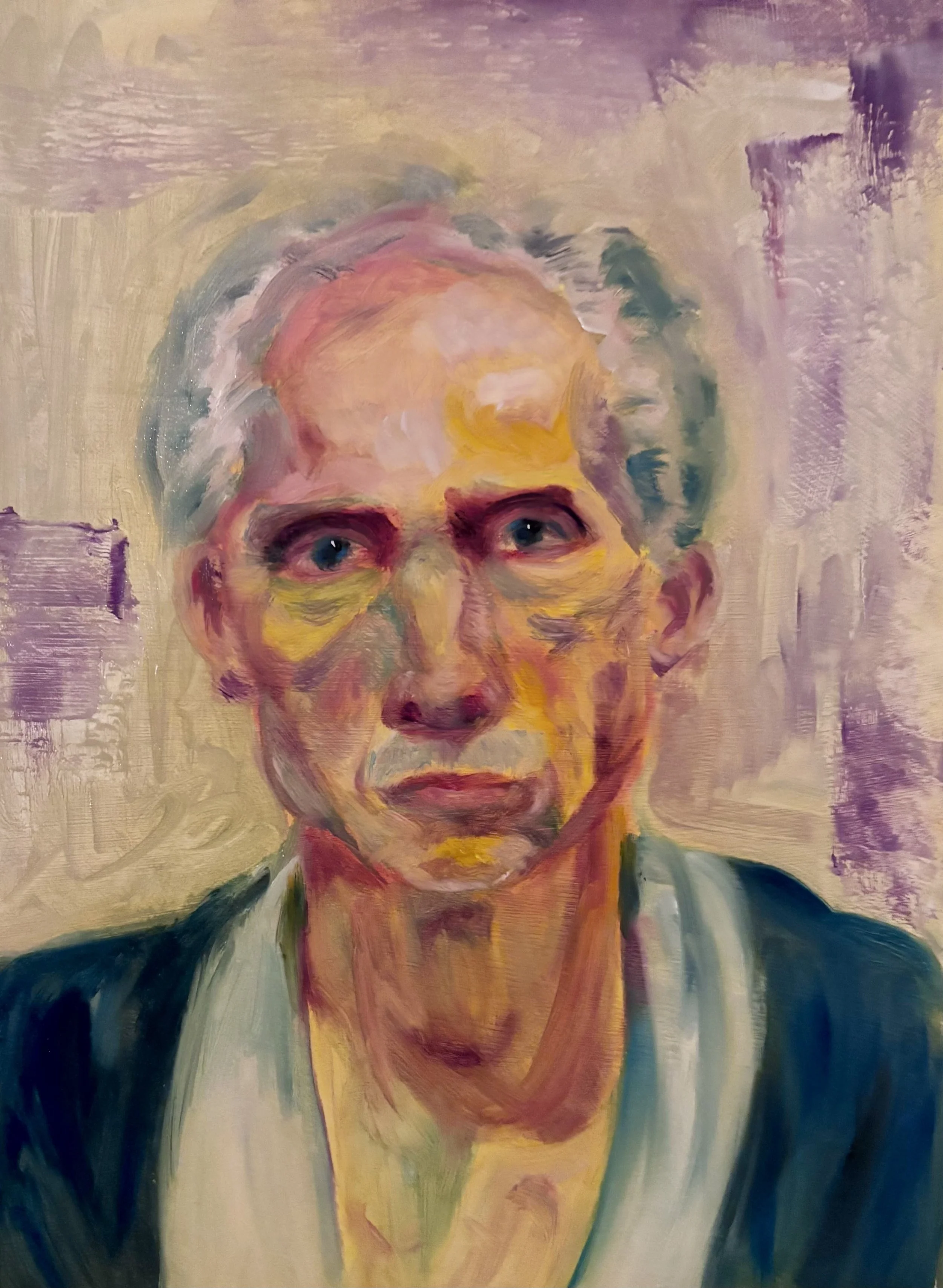 A vibrant, expressive portrait of an elderly person with colorful brushstrokes. The face shows intense emotion, with purple and yellow hues dominating.