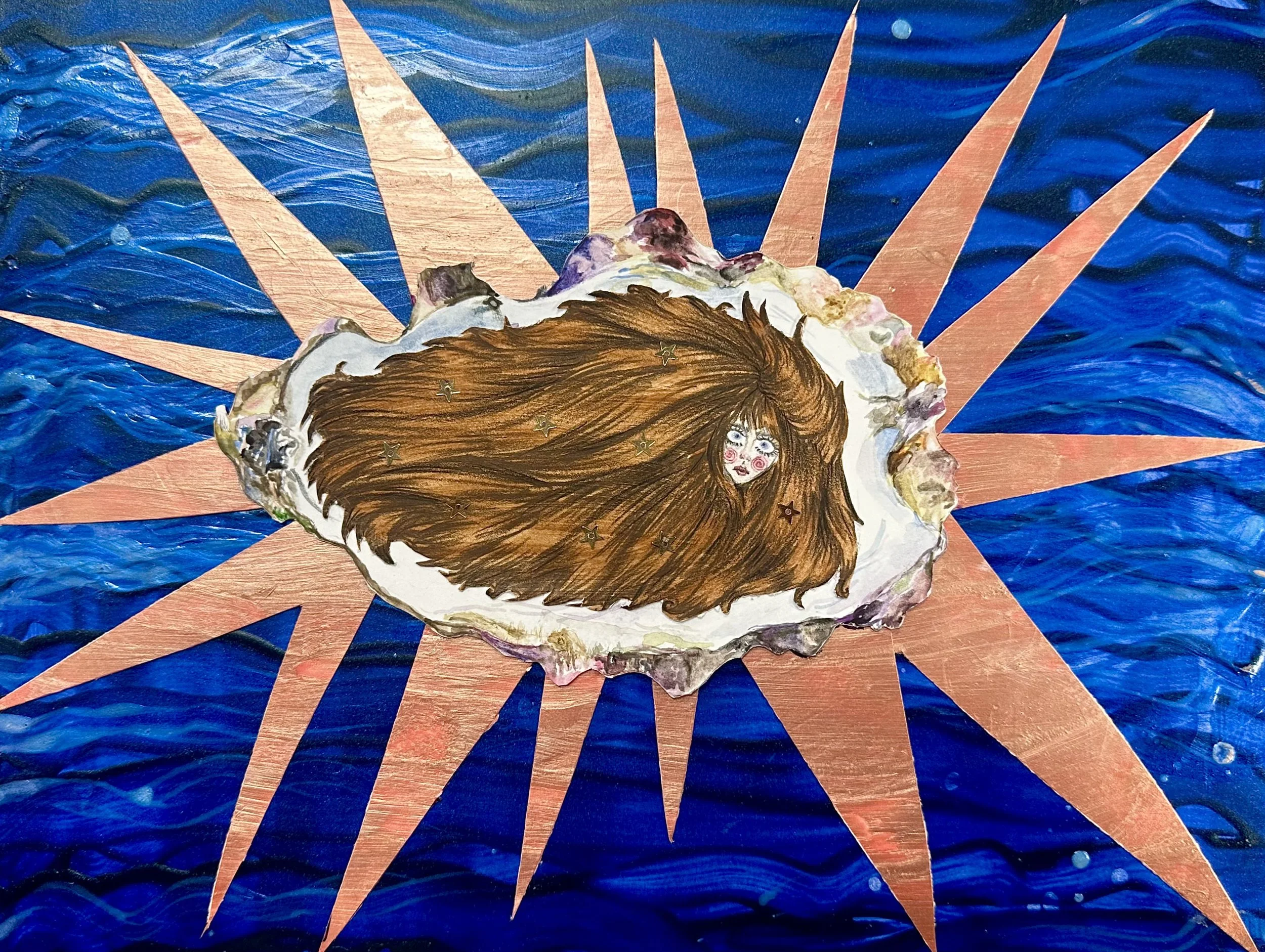 Surreal artwork of a face with long hair in an oyster shell, surrounded by orange rays against a vibrant blue ocean wave background, evoking mystery.