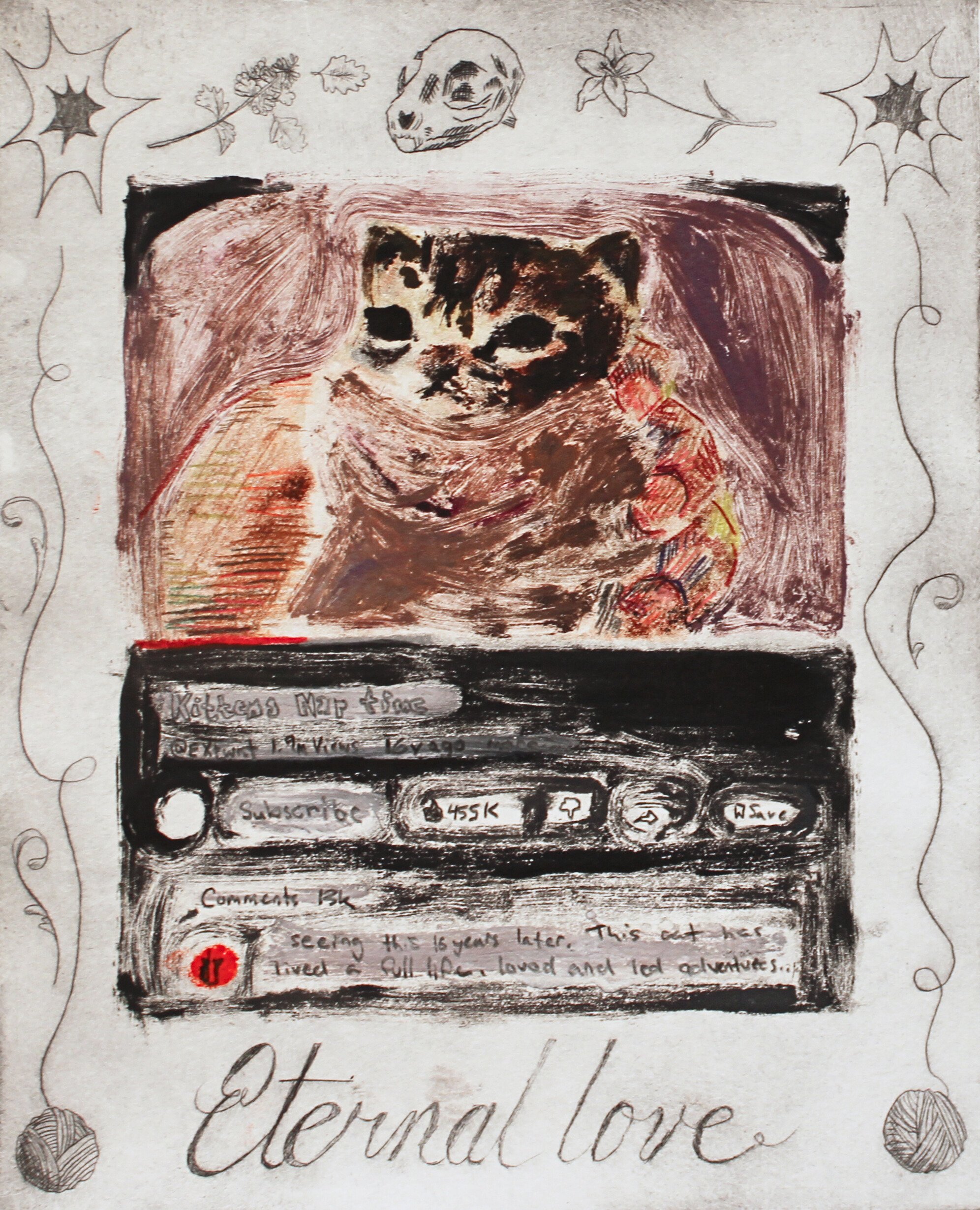 A drawing of a cute cat wrapped in a colorful scarf is framed within a sketch resembling a video screen. Surrounding doodles include flowers, a skull, and stars. Below, the text reads "Eternal love," evoking a nostalgic and heartfelt tone.