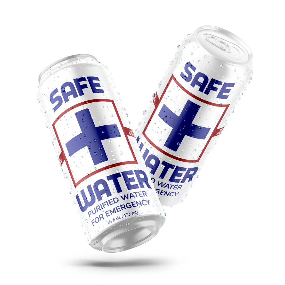 Two cans of bottled water with droplets, labeled 'SAFE WATER' for emergency use.