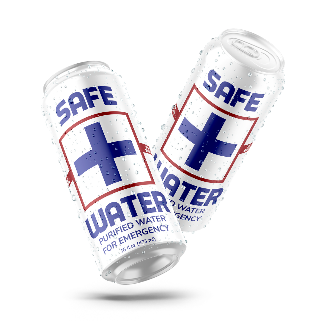 Two cans of bottled water labeled 'SAFE WATER' with a red cross symbol. The cans are covered in water droplets.