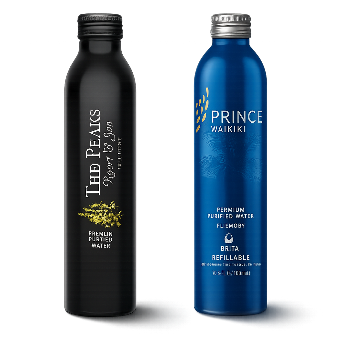 Two bottles of bottled water, one black labeled Ted Penna Co., and one blue labeled Prince Waikiki, standing side by side.