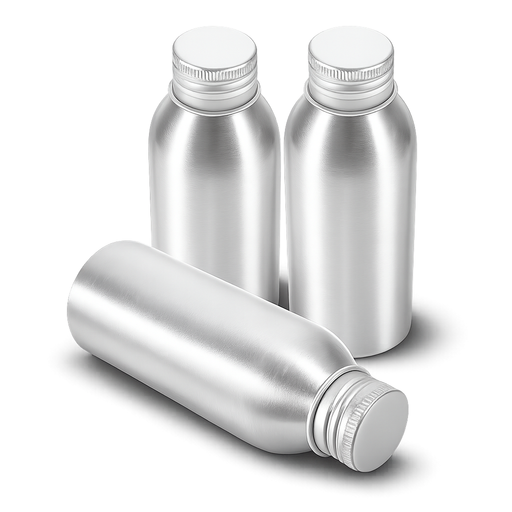 Three silver aluminum bottles, two upright and one lying down, on a gray surface with a gray background.