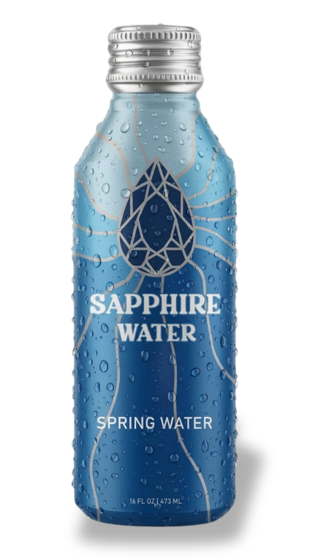 A bottle of Sapphire Water with condensation, labeled as spring water. The bottle is blue with a geometric sapphire logo and white text.