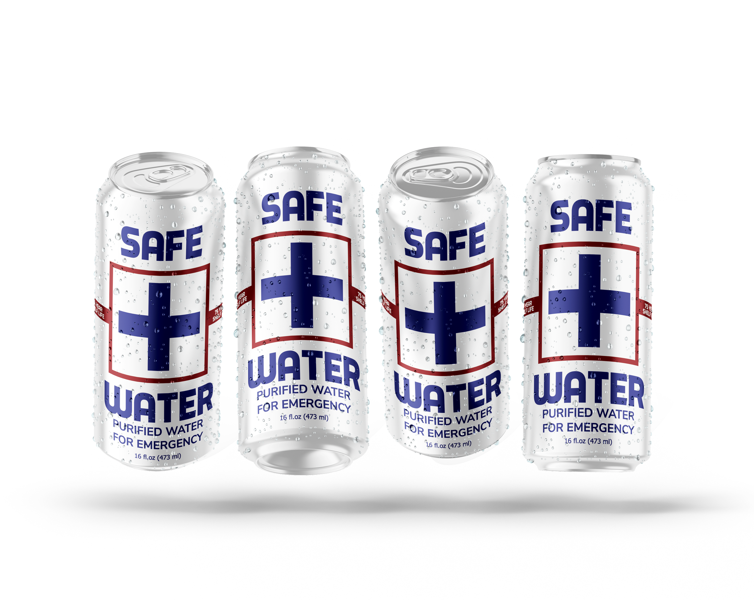 Four cans of Safe Water, purified water for emergency, with condensation on the cans, black background, and a shadow underneath.