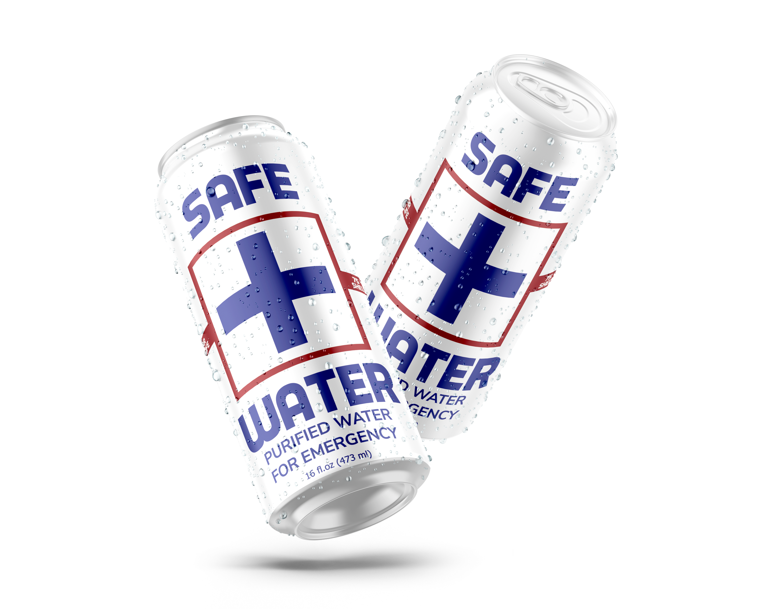Two cans of bottled water labeled 'SAFE WATER PURIFIED WATER FOR EMERGENCY' with water droplets on the surface.
