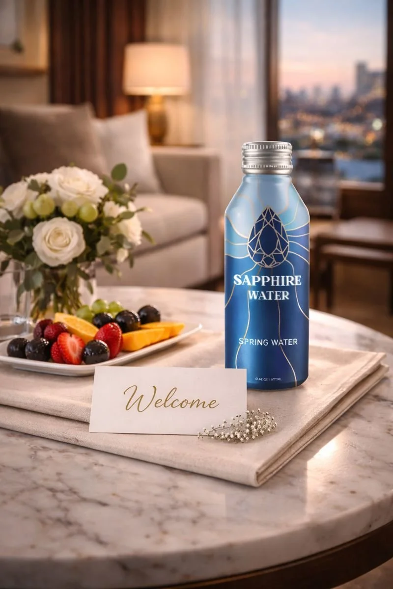 A bottle of Sapphire Water on a table alongside a 'Welcome' sign, a flower arrangement, a plate of mixed berries and orange slices, and a small decorative item, with a cozy living room and city skyline in the background.