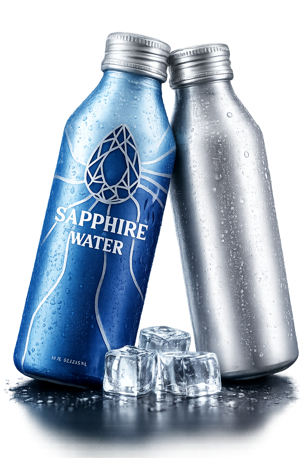 Two bottles of Sapphire Water, one blue and one silver, with ice cubes and water droplets on the bottles.