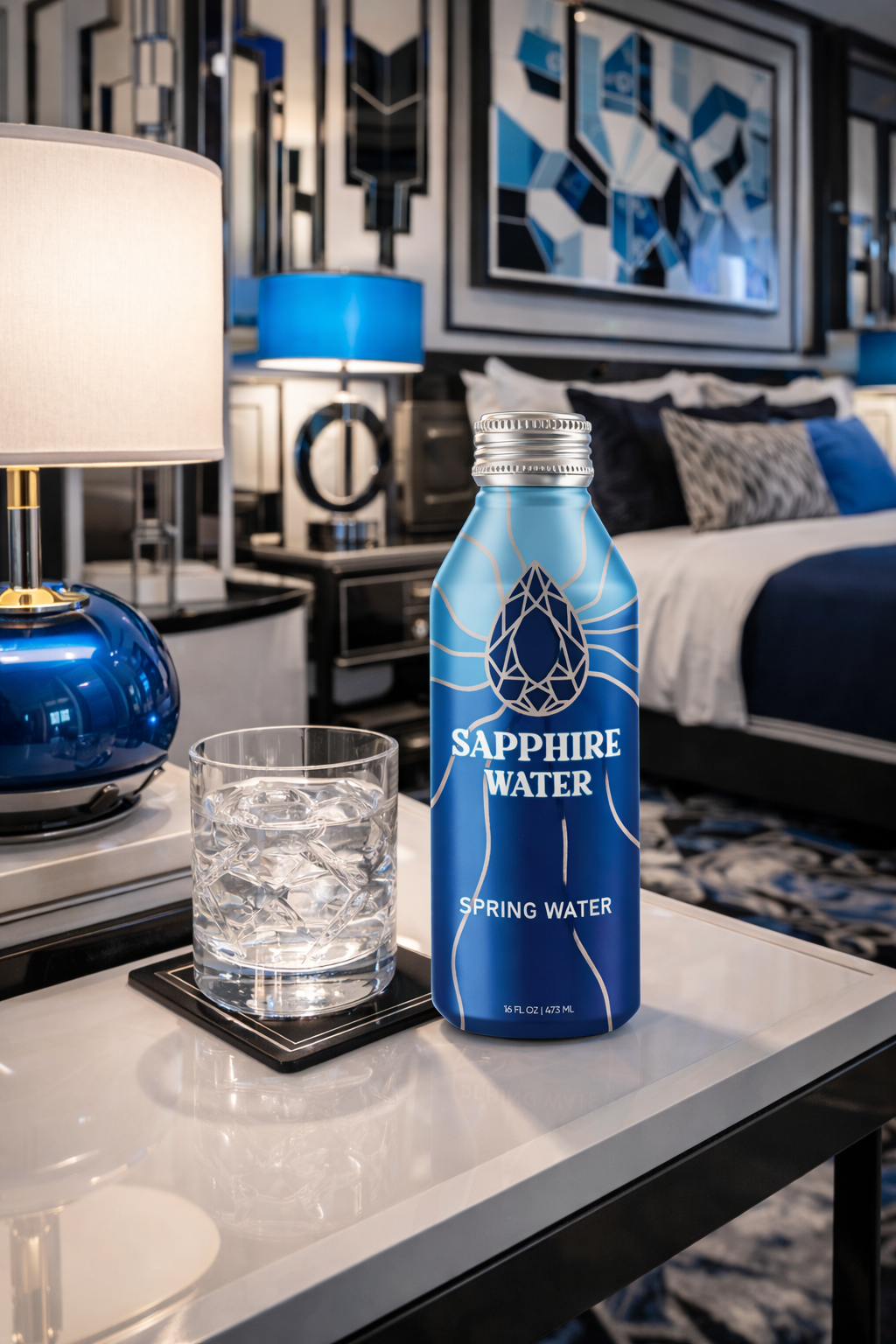 A bottle of Sapphire Water spring water on a white bedside table next to a glass of water with ice in a hotel room. The room features blue and white decor, with beds, pillows, lamps, and artwork visible in the background.