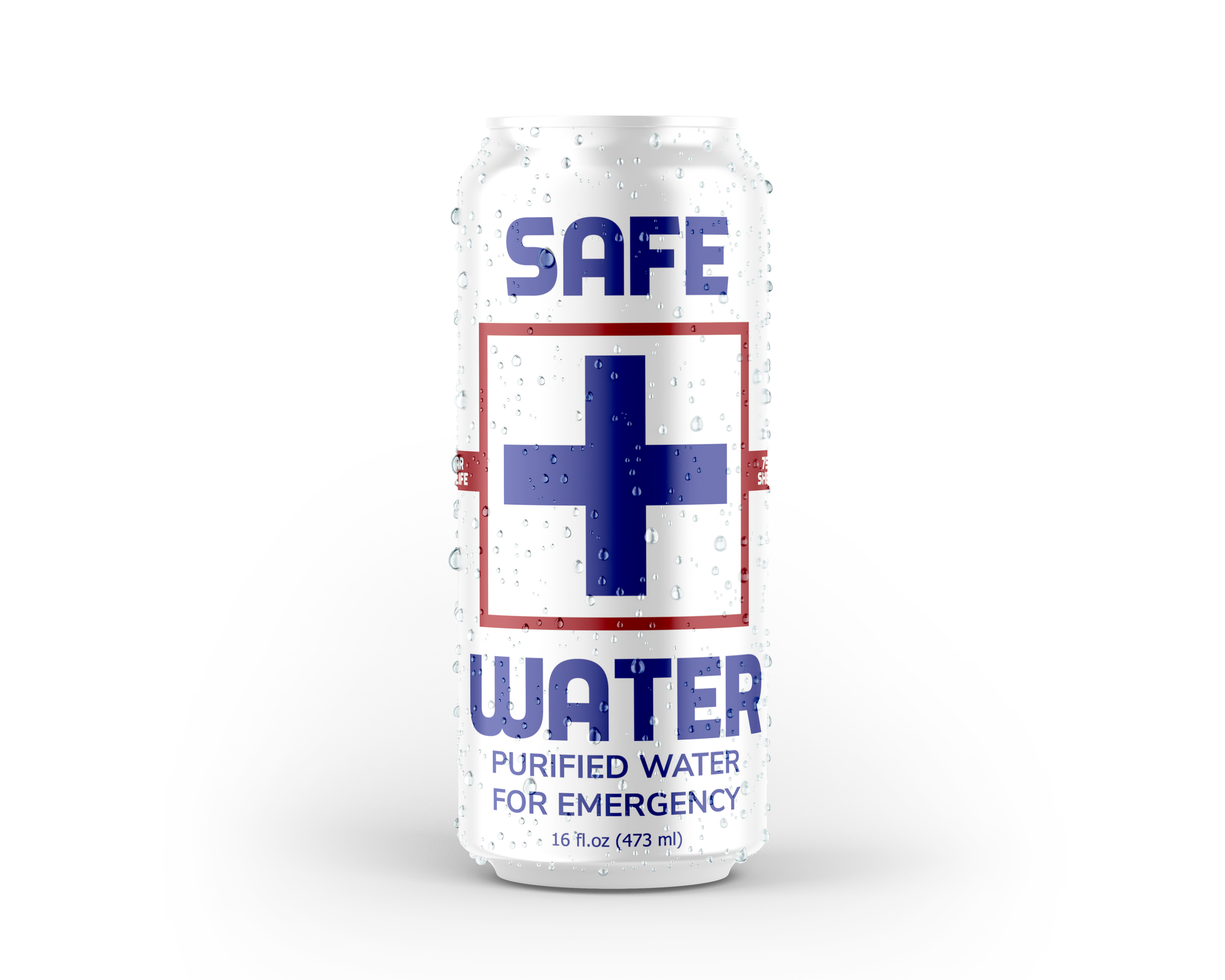 A can of safe water, labeled as purified water for emergency use, with water droplets on its surface.