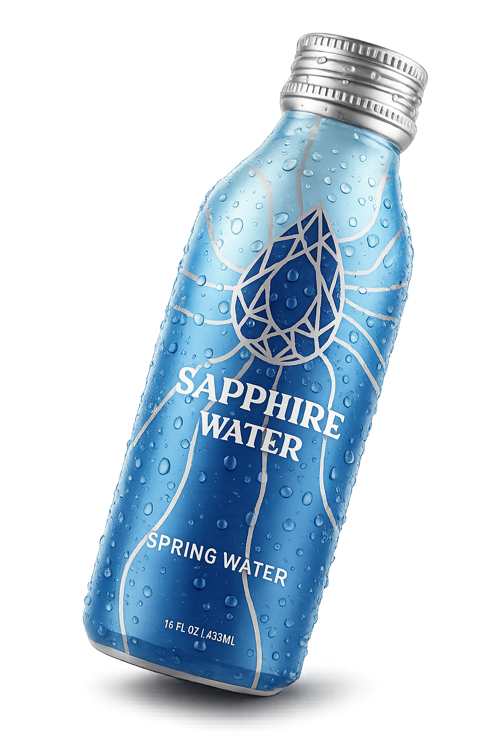 A bottle of Sapphire Water spring water with a blue label and water droplets on the surface, featuring a geometric sapphire design.
