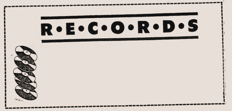 Vintage record store advertisement featuring the word 'RECORDS' with a stack of vinyl records on the left side.