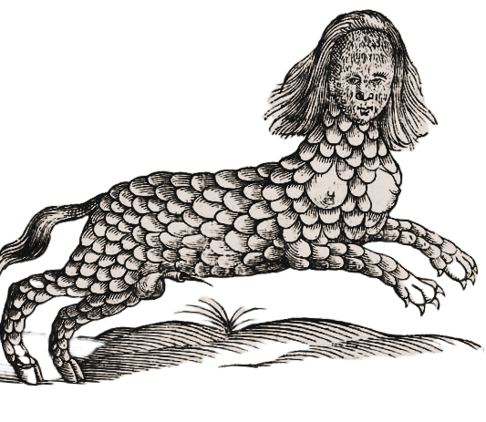 Illustration of a creature with the body of a lion, scaled like a fish, and a human face