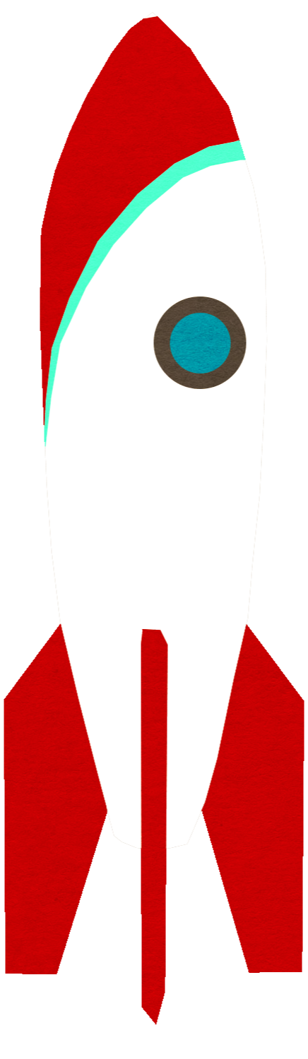 Graphic illustration of a rocket with a red body, white nose cone, and a large circular window