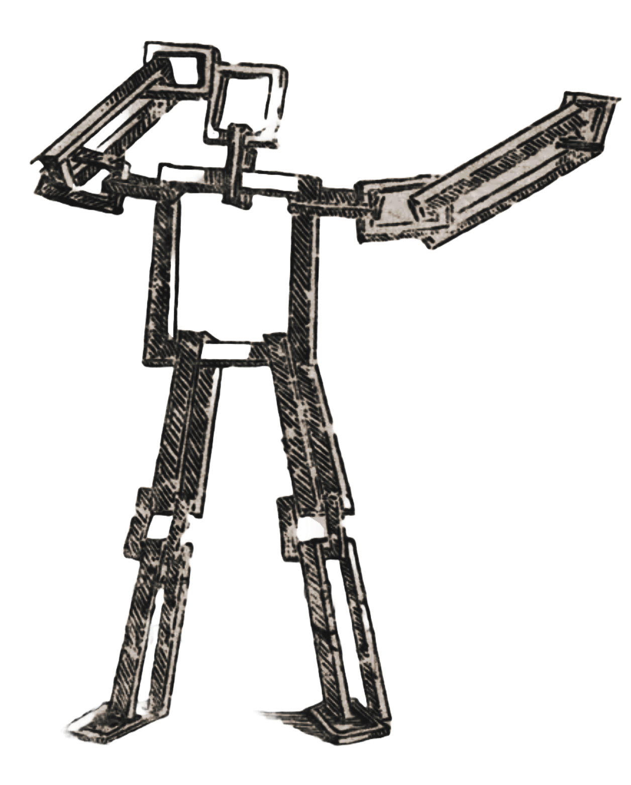 A black and white drawing of a robotic figure