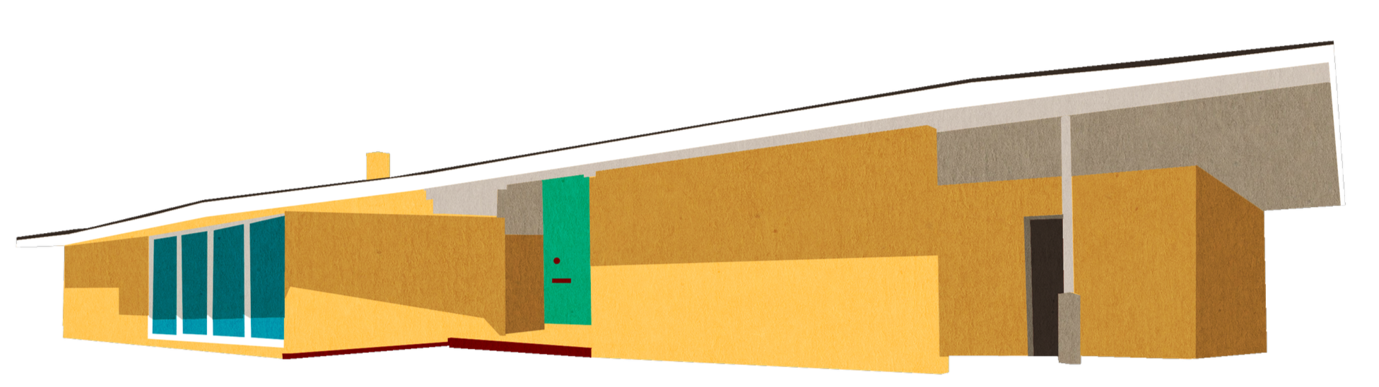 A modern, mid-century style house shown from the front, featuring large windows, a flat roof, and a vibrant yellow exterior with green and grey accents.