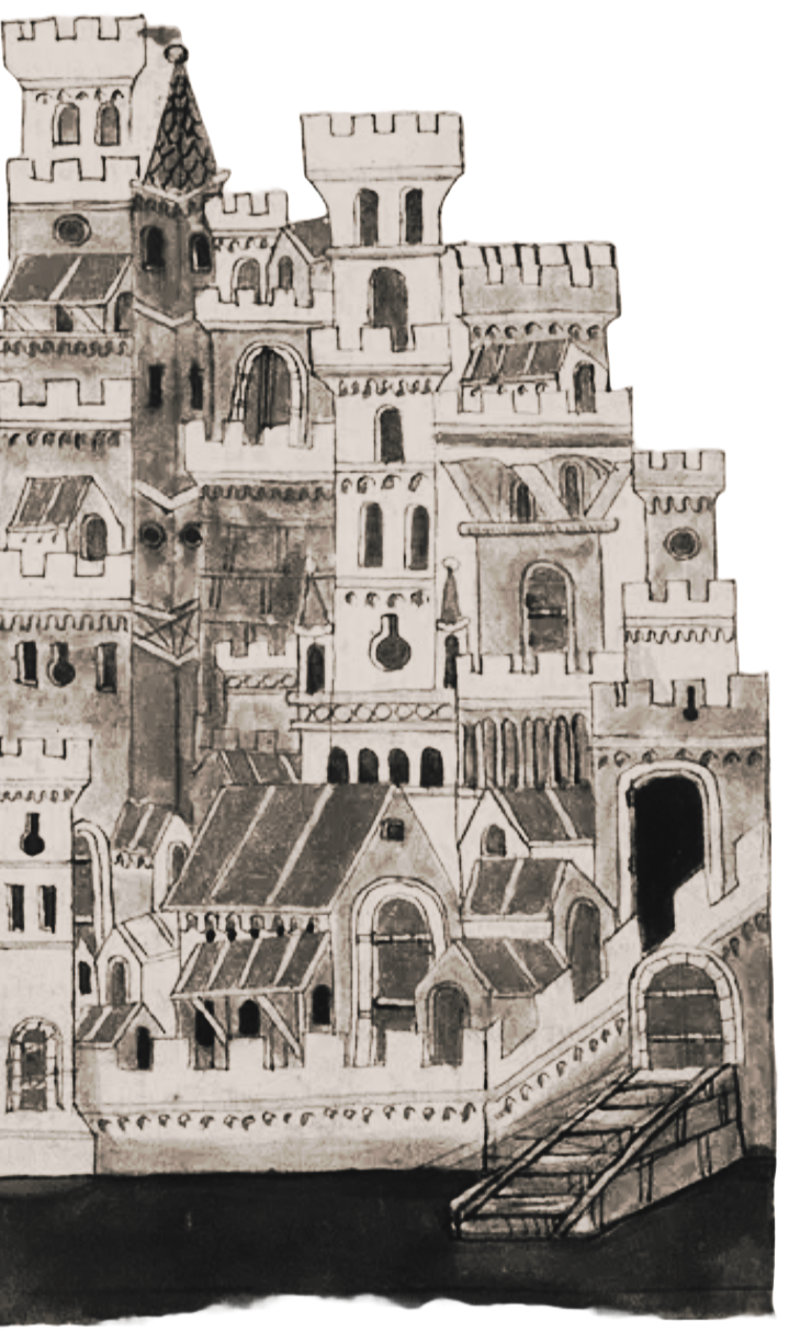 Black and white sketch of a medieval castle with multiple towers, arched windows, and a bridge leading to a gate