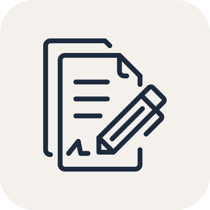 Icono de documentos con un bolígrafo, representando escritura o firma de documentos.