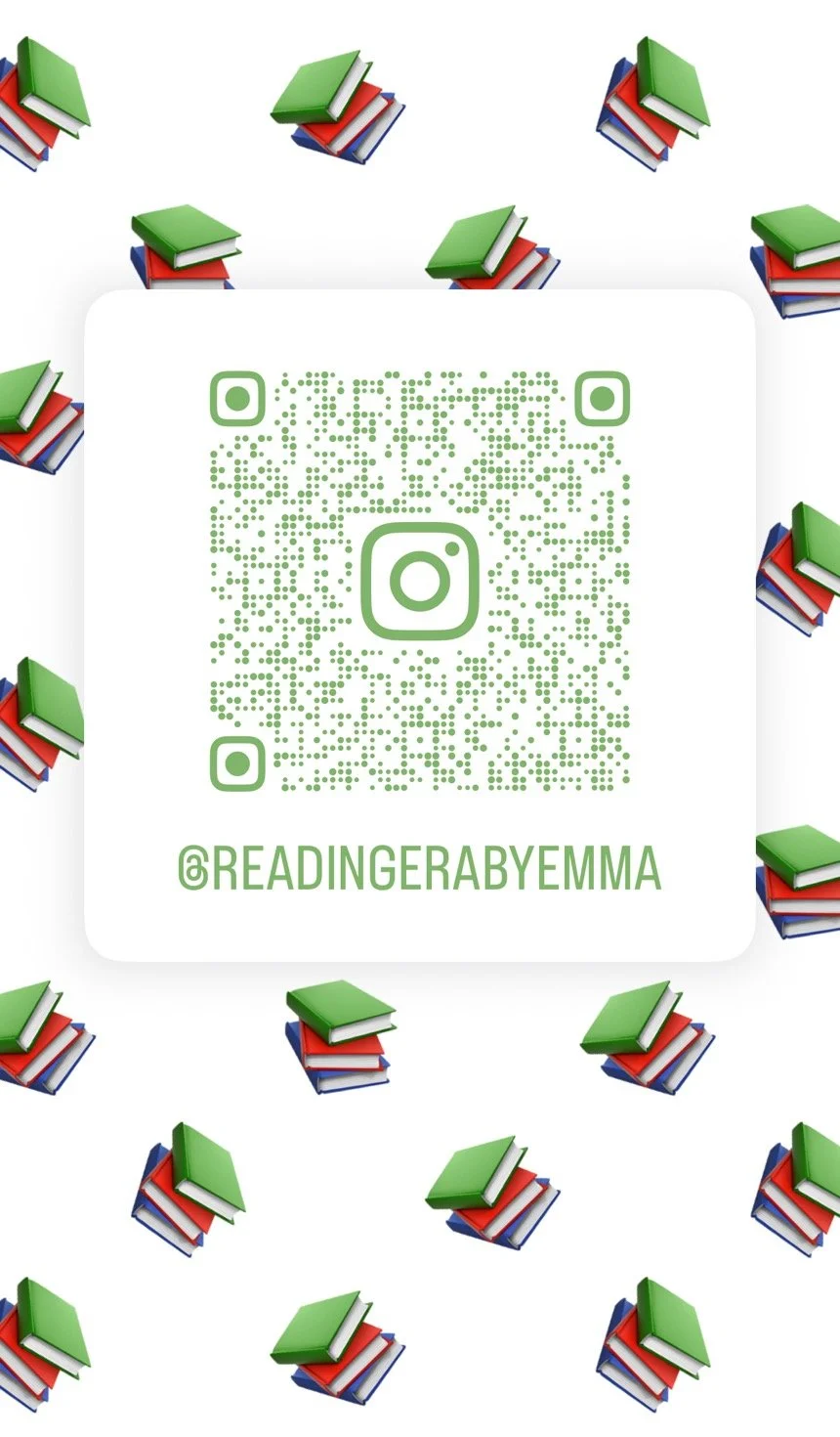 A QR code for Instagram with the handle '@READINGERABYEMMA' in green text, surrounded by a background of scattered illustrated books with green, red, and blue covers.