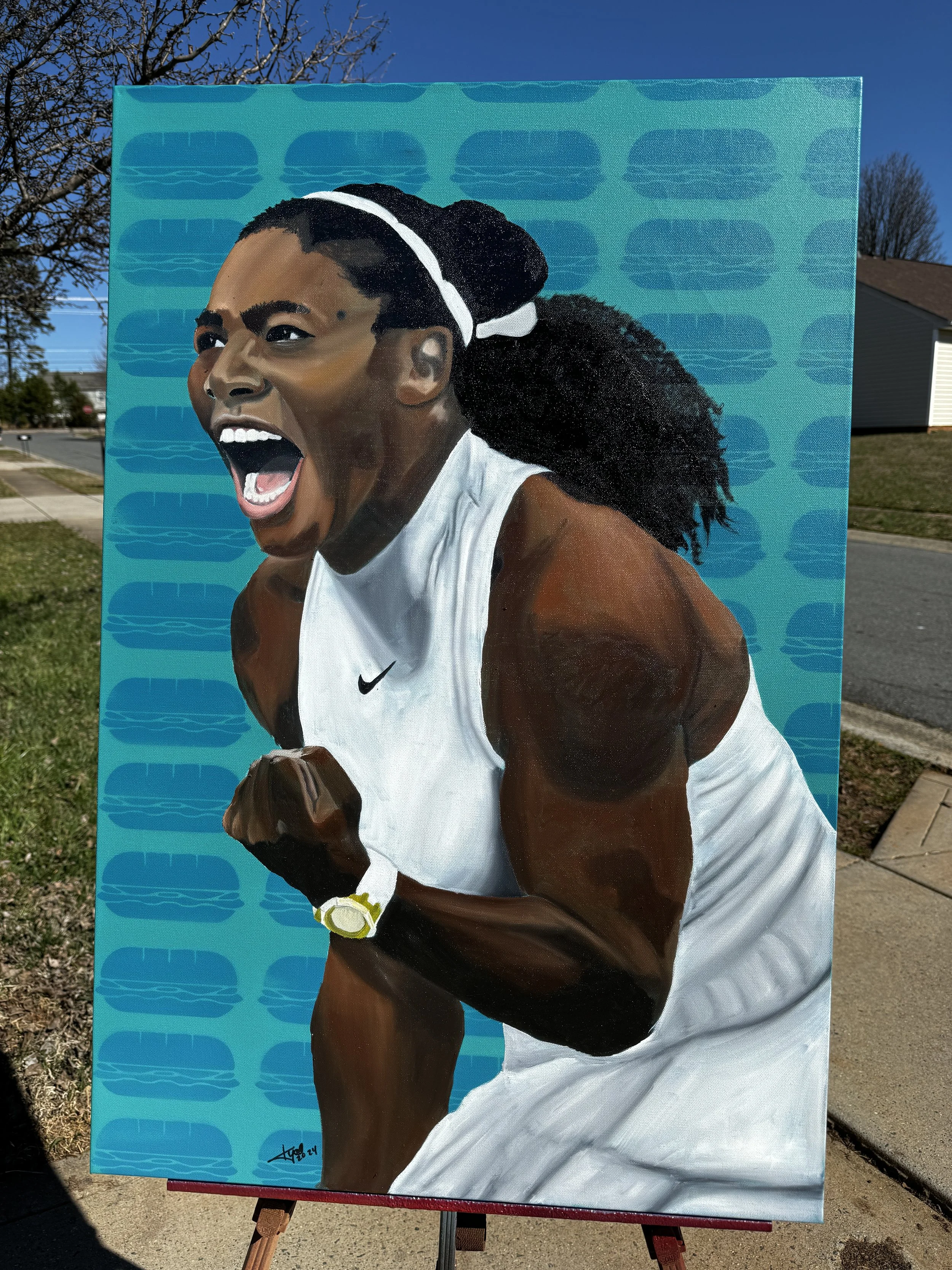 Painting of a woman with dark hair in a ponytail, wearing a white sports tank top, celebrating with a fist pump, with a blue background featuring the Nike logo pattern.