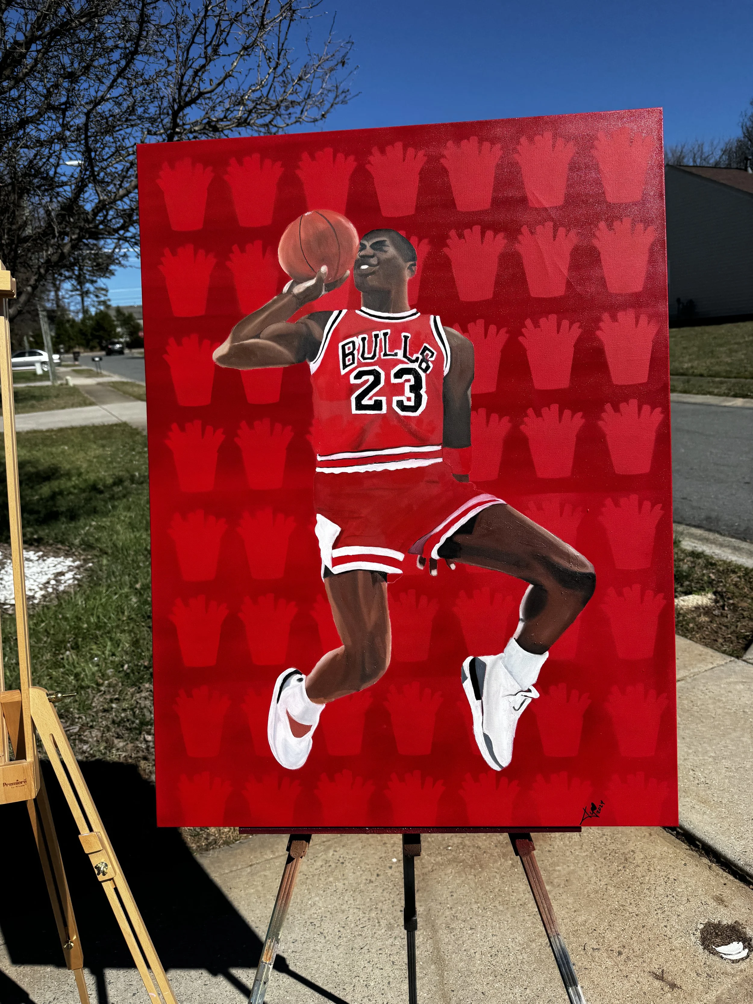 Painting of NBA player in Chicago Bulls uniform jumping with a basketball against a red background with stylized plant icons.