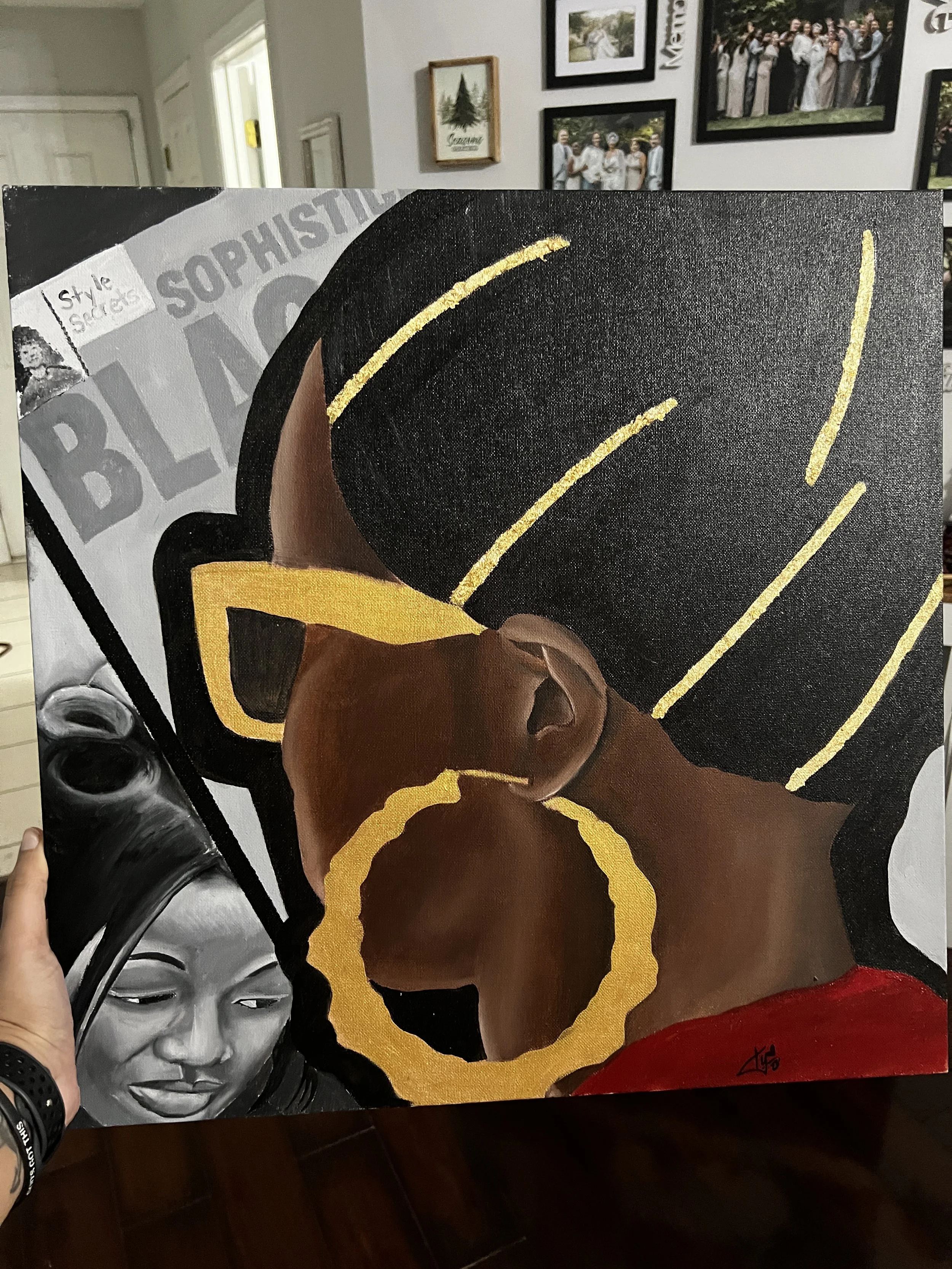 Painting of a woman with dark skin, large yellow hoop earrings, yellow sunglasses, and black hair with yellow streaks. She is wearing a red top, and there is a gray and white background featuring a monochrome portrait of a woman and part of a magazin