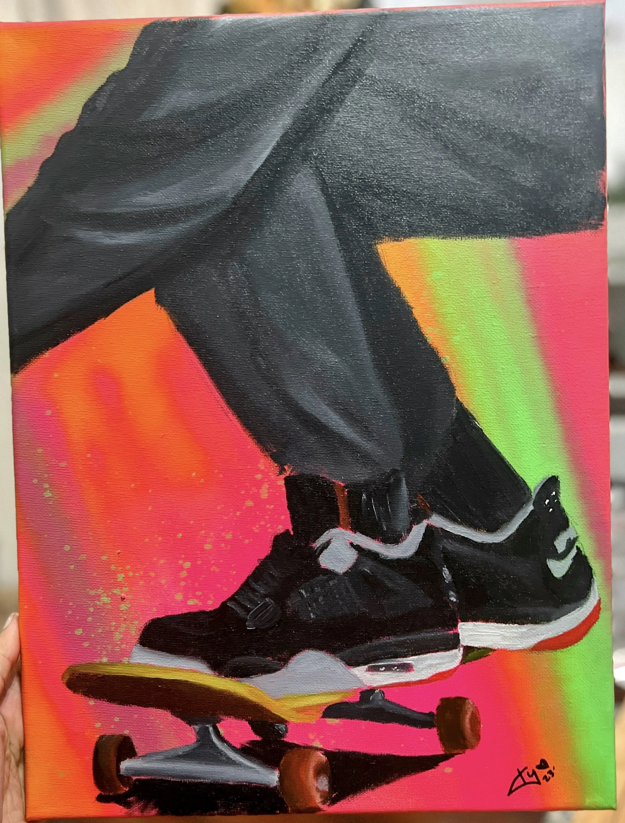 Close-up of a person wearing black Nike sneakers on a skateboard with bright neon-orange and green background.