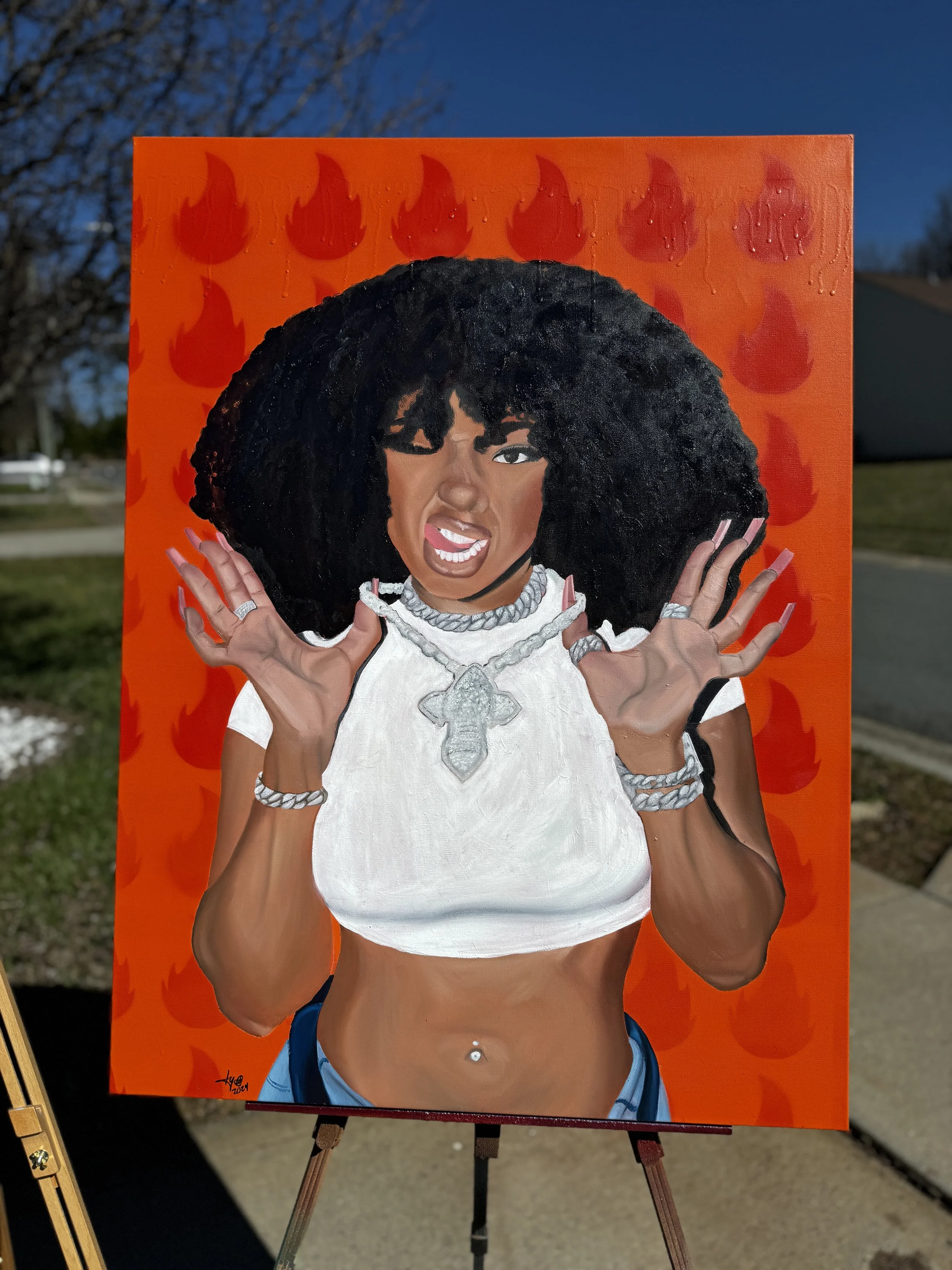 A colorful painting of a woman with curly black hair, making a playful facial expression, wearing jewelry and a white crop top, with fire motifs in the background.
