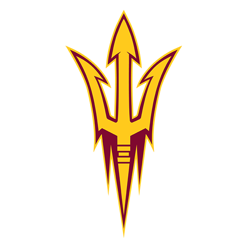 Arizona State University sun devil logo with a trident on a black background