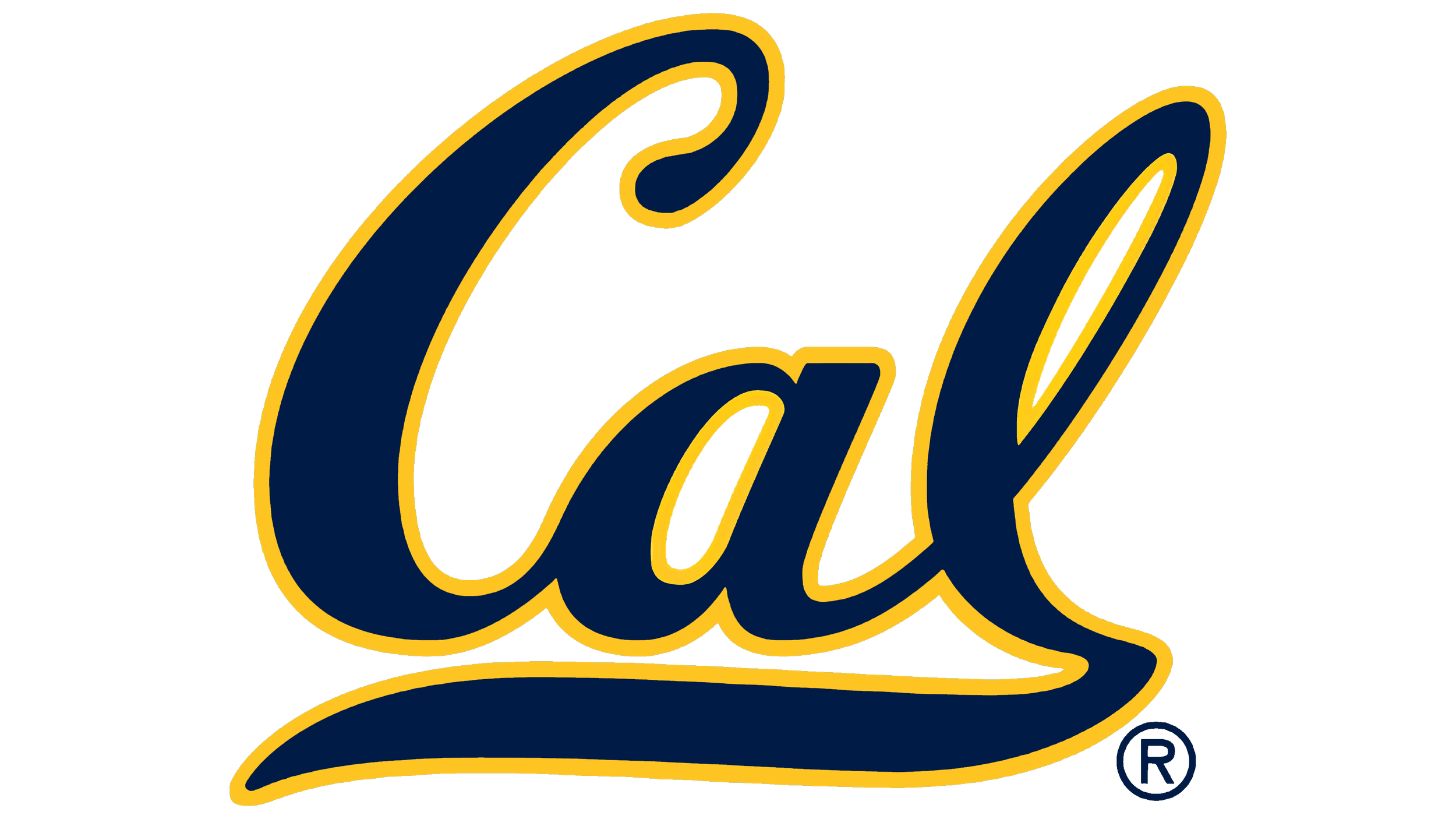 The image shows the stylized word "Cal" in cursive font, with a dark blue fill and a yellow outline, on a black background.