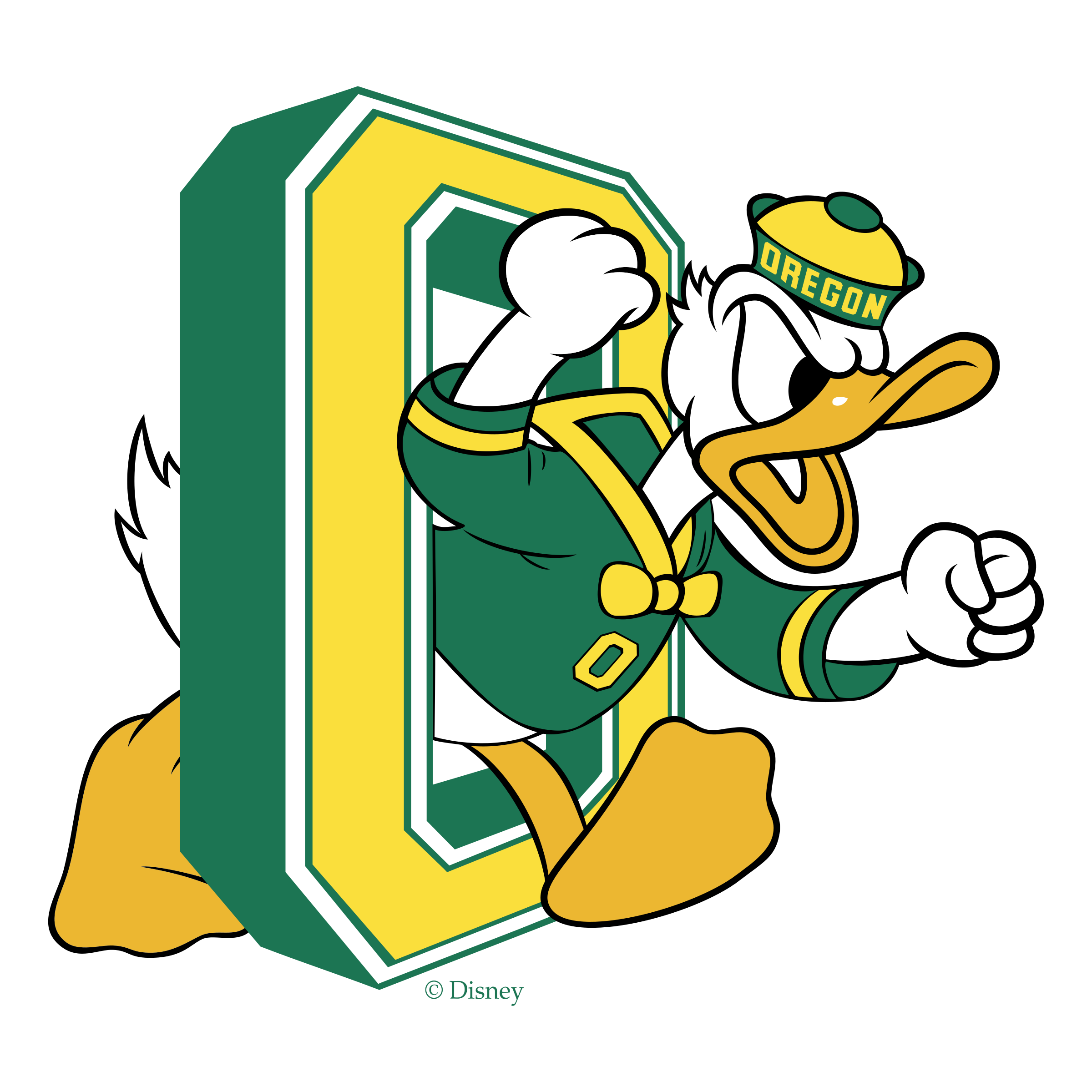 Disney's Donald Duck mascot wearing Oregon Ducks sports gear emerging from a large letter 'D' with a black background.