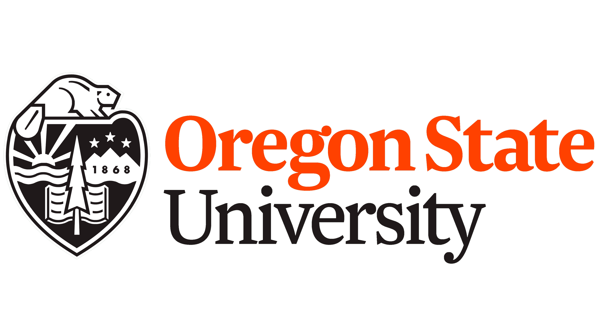 Oregon State University logo featuring a shield with a bear, a tree, mountains, and waves, with the year 1868, alongside the text 'Oregon State University' in orange and black.