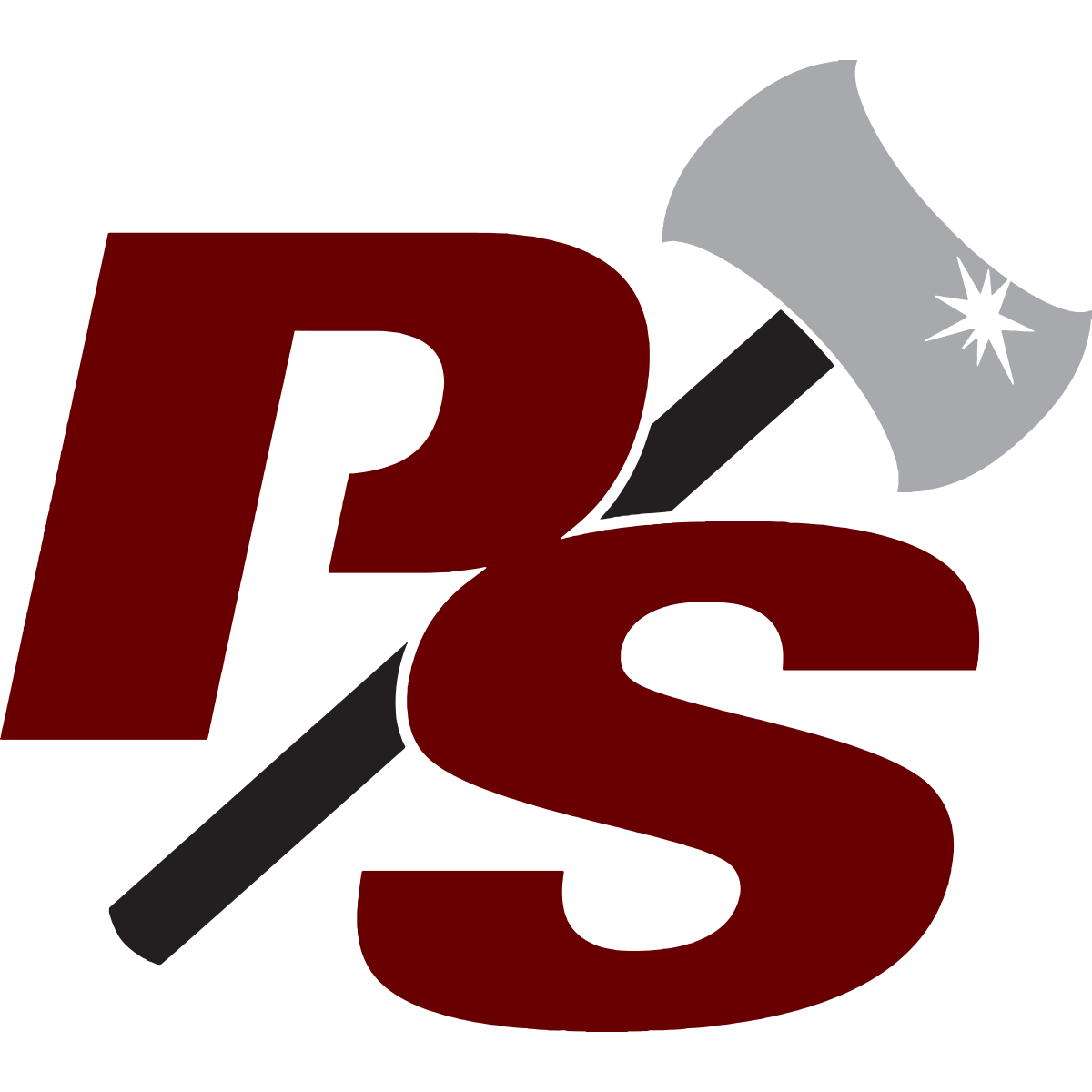 A logo featuring the letters R and S in bold red with a black axe crossing through them and a starburst shape near the axe blade on a black background.