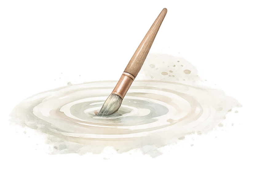 A paintbrush lying in a puddle of white paint with concentric ripples.