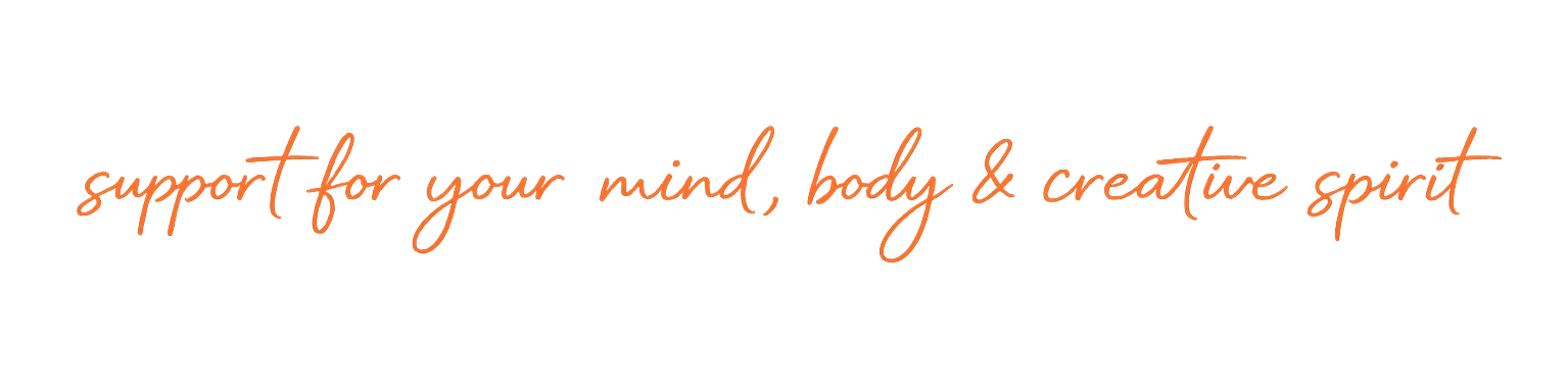 Text saying support for your mind, body & creature spirit in orange cursive on a white background.