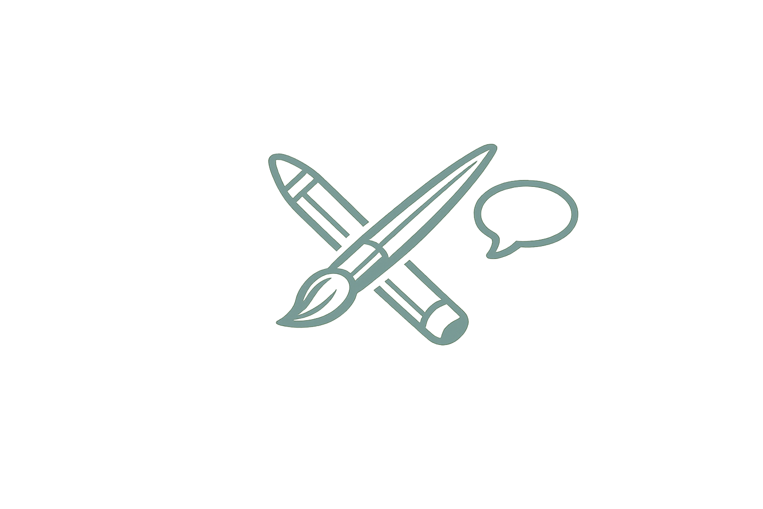 Line drawing of a crayon, a paintbrush, and a pen crossed with a speech bubble nearby.