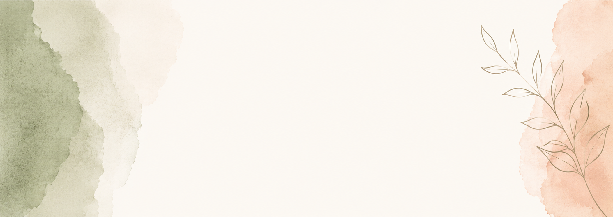 A watercolor background with green and peachhe watercolor background with green and peach pastel splashes on the edges and a thin, brown line drawing of a leafless branch on the right side.