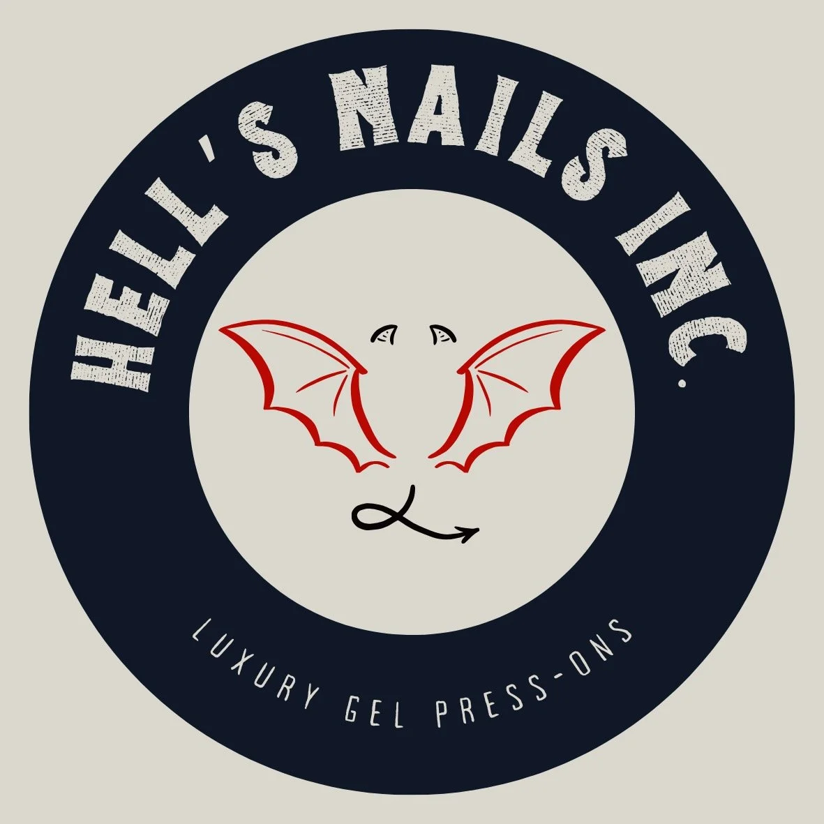 Logo for 'Hello's Nails Inc.', featuring a cartoonish bat with red wings and a black tail, surrounded by a dark blue circular border with the text 'Hello's Nails Inc.' at the top and 'Luxury Gel Press-Ons' at the bottom.