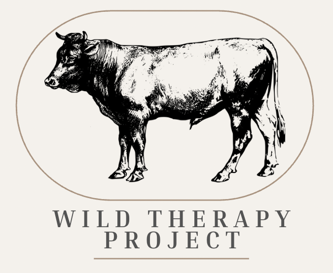 Black and white illustration of a cow with the words "Wild Therapy Project" underneath.