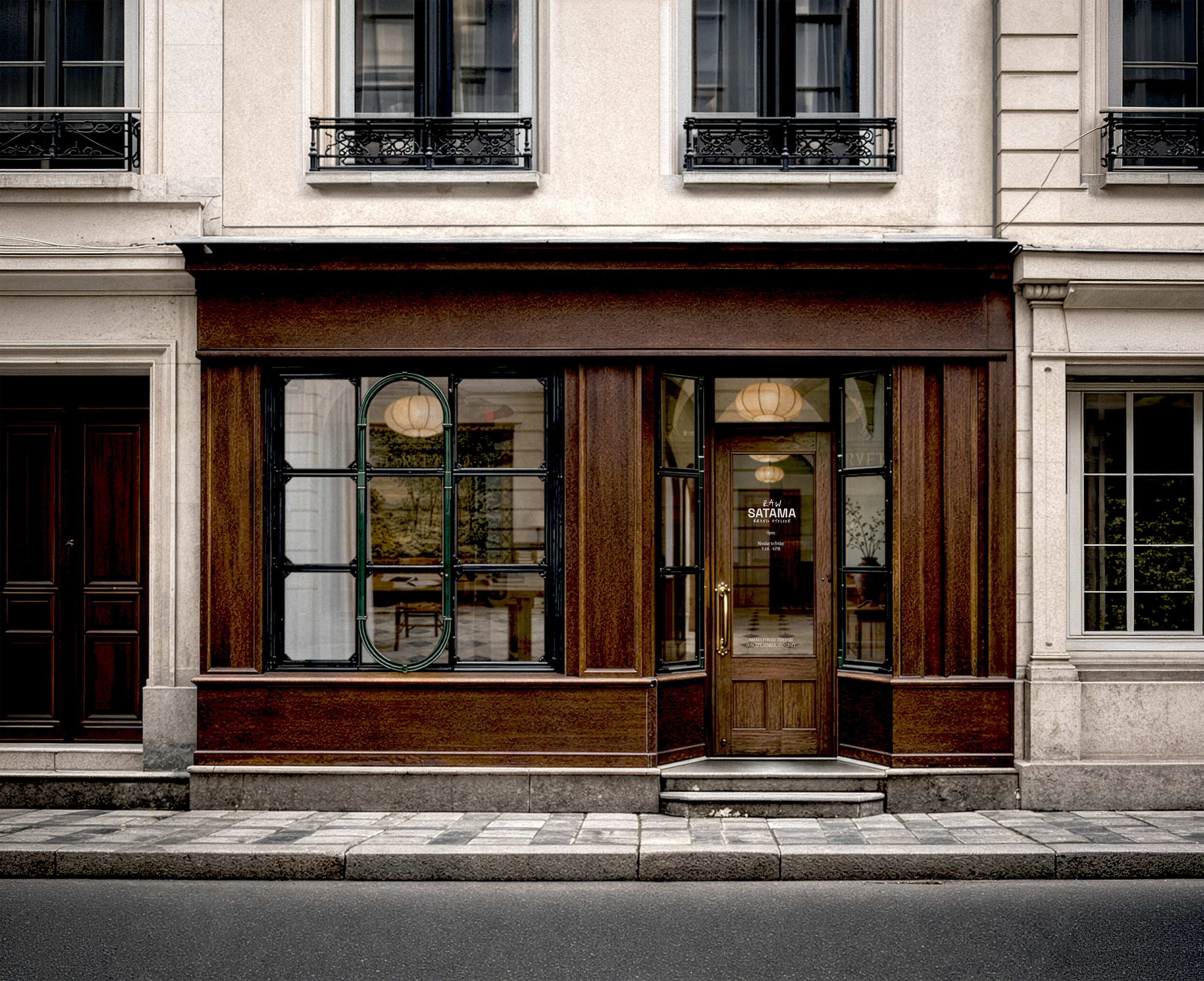 Storefront with large glass windows and wooden framing, featuring a sign that reads 'RAW SATAMA' and a door, with the sidewalk and street in front.