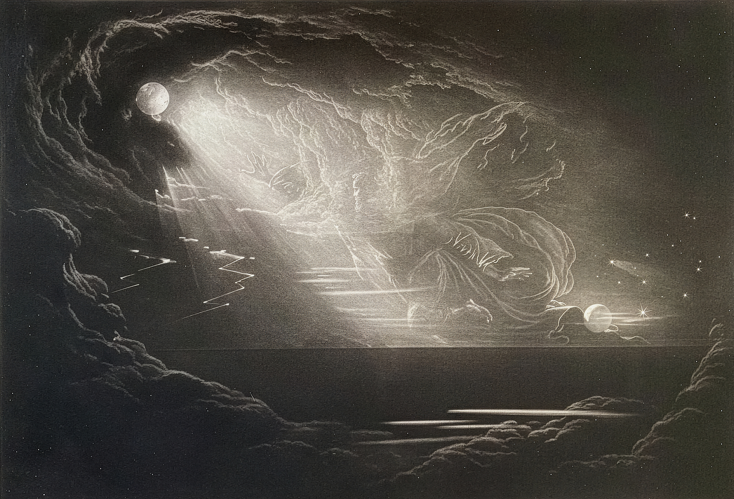 A cosmic scene featuring swirling clouds, a large sun, distant stars, and planets with rings, all depicted in a monochromatic pencil or chalk drawing style. Art is from Paradise Lost: The Creation of Light.