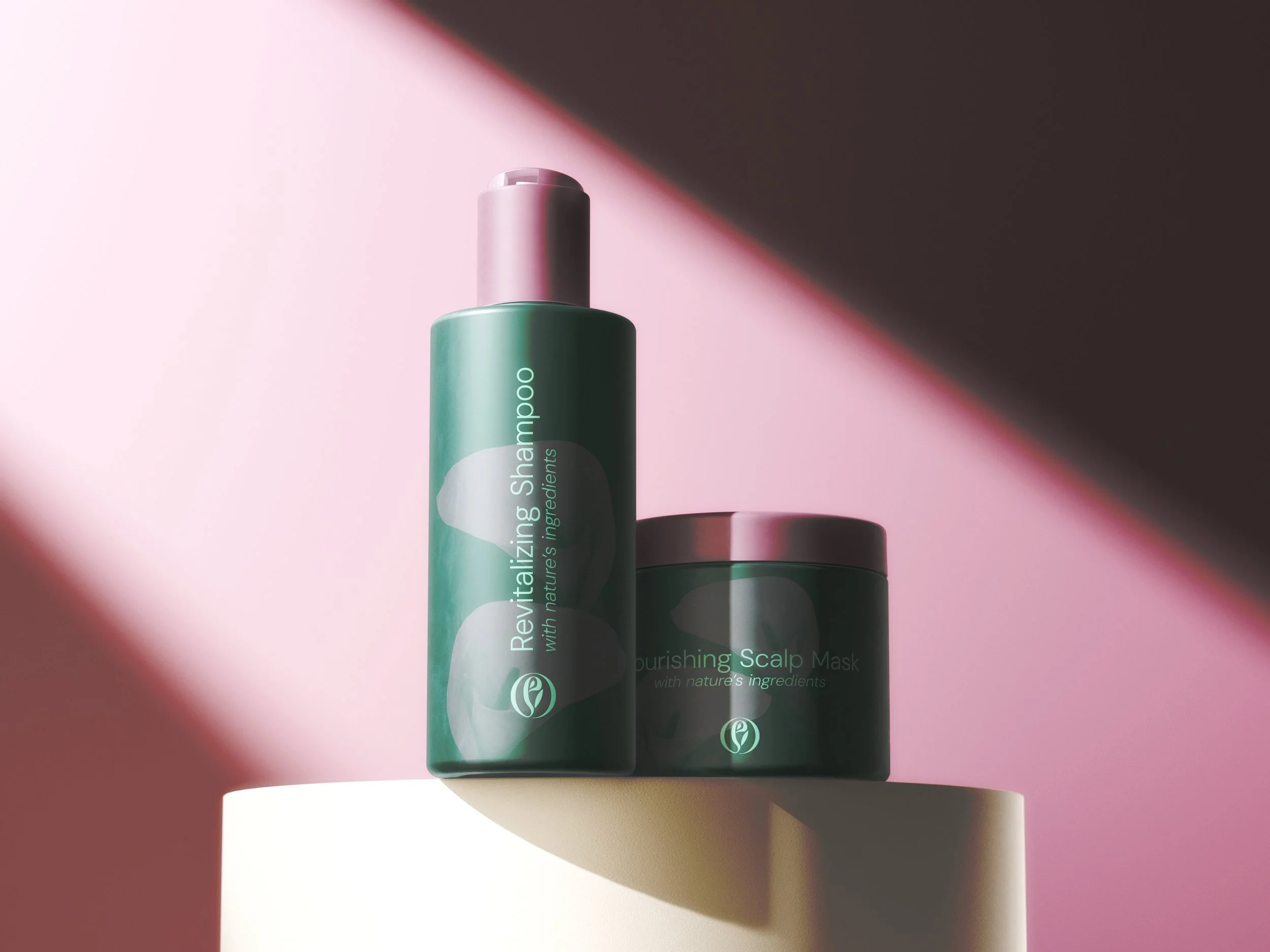 Two haircare bottles, one labeled "Revitalizing Shampoo" and the other "Purifying Scalp Mask," placed on a cylindrical stand with a pink and black background, illuminated by soft lighting.