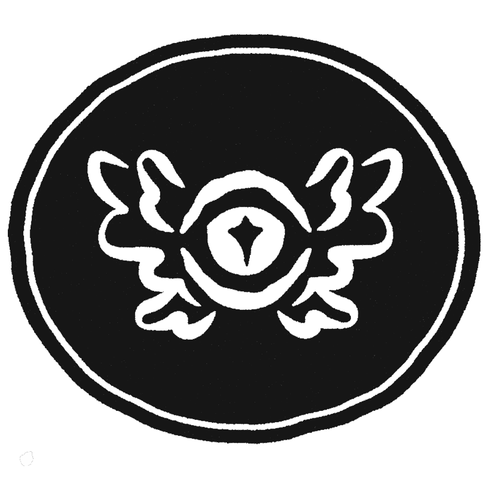 Line drawing of a round seal or coin with a central abstract design resembling a winged eye, surrounded by an irregular border.