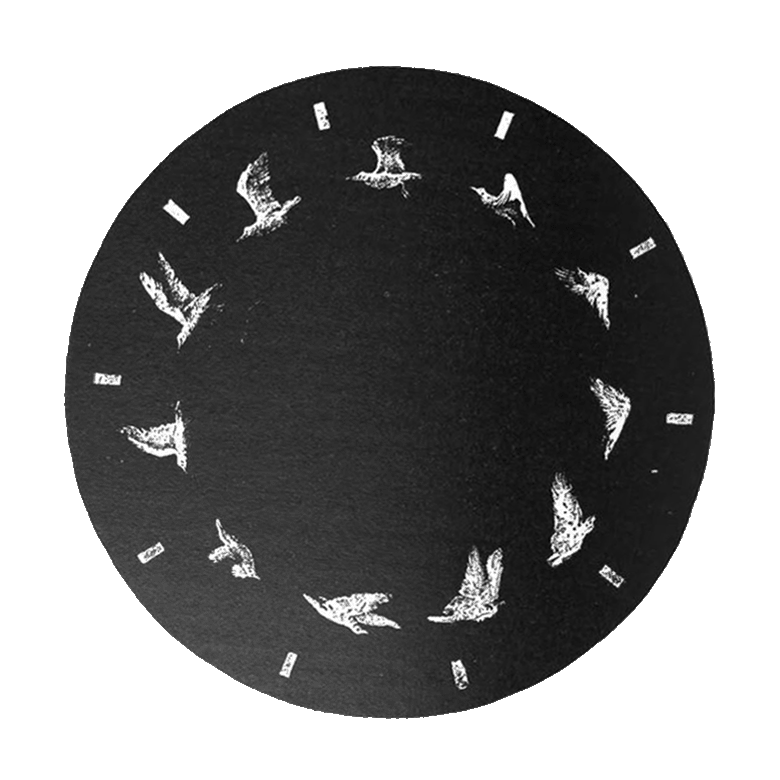 A round, black clock face with white marking lines and white silhouettes of birds in flight around the edges.