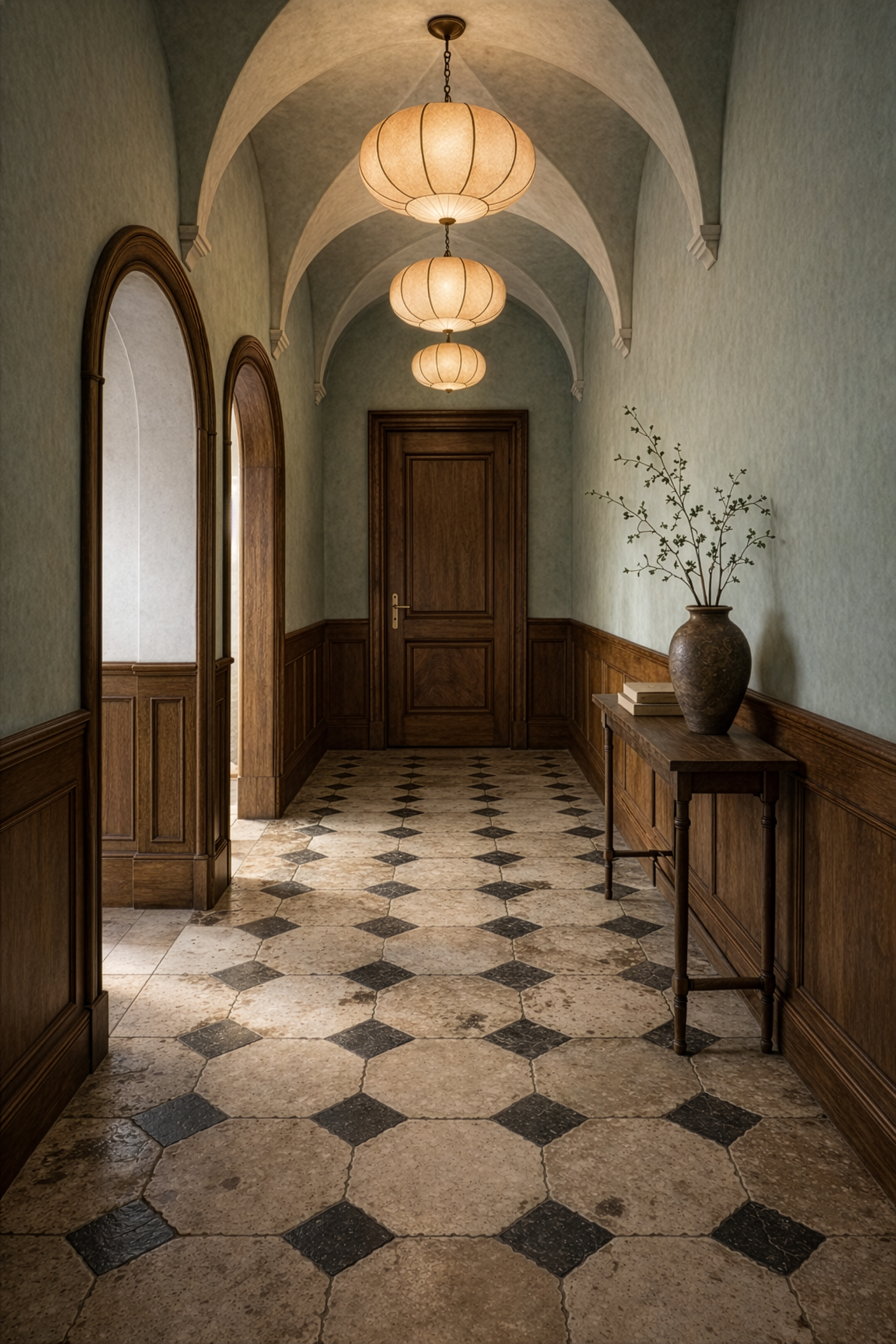 An elegant hallway with arched ceilings and warm lighting from multiple hanging lanterns. The floor features a patterned tile design. There is a wooden side table with a vase and books, and framed mirrors on the side wall.